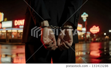A person's hands being cuffed behind their back. Arrest, law enforcement, punishment, legal consequences. A person's hands being cuffed behind their back. Arrest, law enforcement, punishment, legal consequences. 131413286