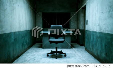 An empty, dimly lit interrogation room with a single chair. Interrogation, psychological thriller, suspenseful scene, legal. 131413296