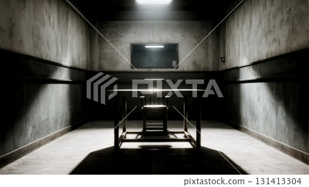 An empty, dimly lit interrogation room with a single chair. Interrogation, psychological thriller, suspenseful scene, legal. 131413304
