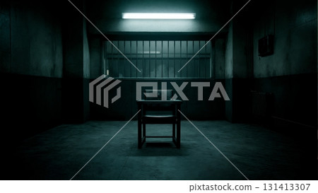 An empty, dimly lit interrogation room with a single chair. Interrogation, psychological thriller, suspenseful scene, legal. 131413307