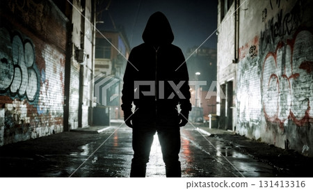 A figure in a black hoodie in a dark alley. Anonymity, urban crime, mystery, suspense. 131413316