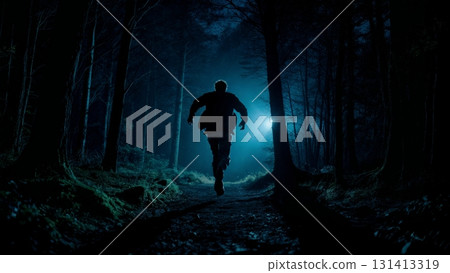A person running in a dark forest at night. Fugitive, escape, chase, crime, thriller. A person running in a dark forest at night. Fugitive, escape, chase, crime, thriller. 131413319
