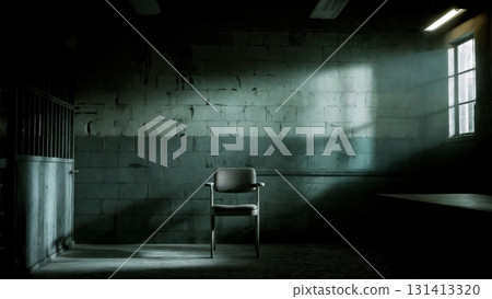 An empty, dimly lit interrogation room with a single chair. Interrogation, psychological thriller, suspenseful scene, legal. An empty, dimly lit interrogation room with a single chair. Interrogation, psychological thriller, suspenseful scene, legal. 131413320