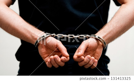 A person's hands being cuffed behind their back. Arrest, law enforcement, punishment, legal consequences. A person's hands being cuffed behind their back. Arrest, law enforcement, punishment, legal consequences. 131413325