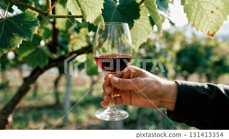 A person's hand holding a glass of red wine in a vineyard. Wine tasting, vineyard, nature, relaxation, luxury. A person's hand holding a glass of red wine in a vineyard. Wine tasting, vineyard, nature, relaxation, luxury. 131413354