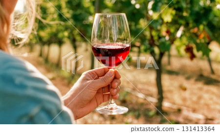 A person's hand holding a glass of red wine in a vineyard. Wine tasting, vineyard, nature, relaxation, luxury. 131413364