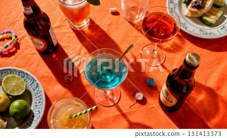An aerial shot of a party table with various drinks. Party, celebration, social gathering, alcohol, fun 131413373