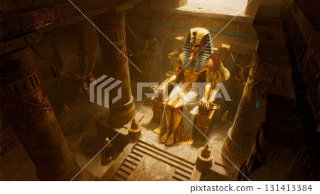 An Egyptian pharaoh on a golden throne. Pharaoh, ancient Egypt, royalty, power, authority, luxury 131413384