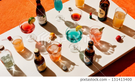An aerial shot of a party table with various drinks. Party, celebration, social gathering, alcohol, fun An aerial shot of a party table with various drinks. Party, celebration, social gathering, alcohol, fun 131413400