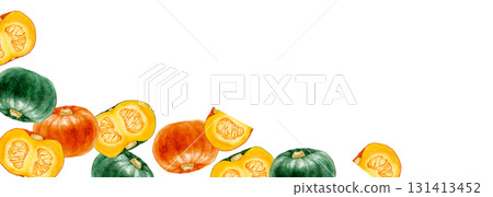 Pumpkin vegetable background frame horizontal watercolor illustration Pumpkin vegetable background frame horizontal watercolor illustration 131413452
