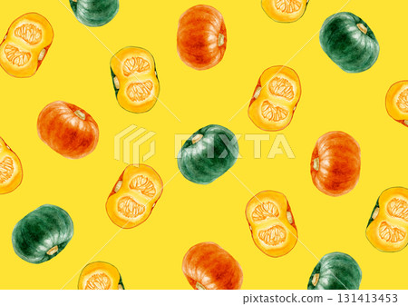 南瓜蔬菜背景圖案水彩插圖 南瓜蔬菜背景圖案水彩插圖 131413453