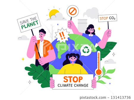 Climate Change Protest Illustration Featuring People Holding Placards with Slogans to Protect the Environment, Save the Planet and Stop Global Warming Climate Change Protest Illustration Featuring People Holding Placards with Slogans to Protect the Environment, Save the Planet and Stop Global Warming 131413736