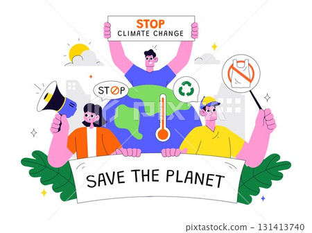 Climate Change Protest Illustration Featuring People Holding Placards with Slogans to Protect the Environment, Save the Planet and Stop Global Warming Climate Change Protest Illustration Featuring People Holding Placards with Slogans to Protect the Environment, Save the Planet and Stop Global Warming 131413740
