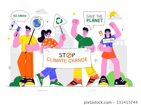 Climate Change Protest Illustration Featuring People Holding Placards with Slogans to Protect the Environment, Save the Planet and Stop Global Warming Climate Change Protest Illustration Featuring People Holding Placards with Slogans to Protect the Environment, Save the Planet and Stop Global Warming 131413744