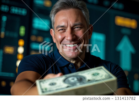 smiling man holding out wads of cash against background of financial charts 131413782