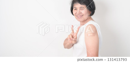 Elderly Woman with bandage after received vaccine. Vaccination and Immunization for Influenza, Herpes Zoster, Tetanus, Covid 19 booster, Dengue, Encephalitis, Rabies, Pneumococcal, IPD, RSV Vaccines Elderly Woman with bandage after received vaccine. Vaccination and Immunization for Influenza, Herpes Zoster, Tetanus, Covid 19 booster, Dengue, Encephalitis, Rabies, Pneumococcal, IPD, RSV Vaccines 131413793