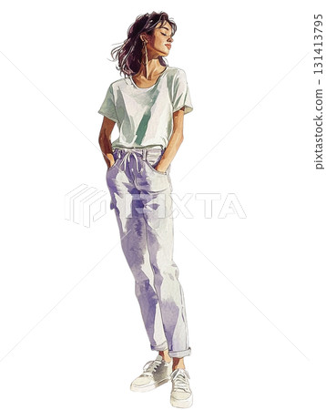 [Female character] Simple casual style with white T-shirt and light-colored denim 131413795