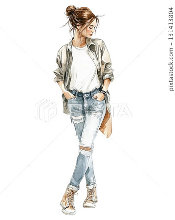 [女性站立肖像] 破洞牛仔褲和外套襯衫的成人休閒造型 131413804