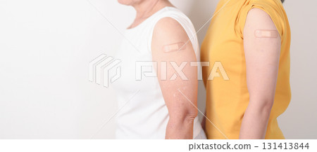 Adult and Elderly Woman with bandage after received vaccine. Vaccination and Immunization for Influenza, HPV, Zoster, IPD, DTP, Dengue, Encephalitis, Rabies, Pneumococcal Hepatitis B and Covid vaccine Adult and Elderly Woman with bandage after received vaccine. Vaccination and Immunization for Influenza, HPV, Zoster, IPD, DTP, Dengue, Encephalitis, Rabies, Pneumococcal Hepatitis B and Covid vaccine 131413844