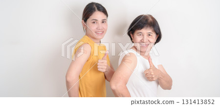Adult and Elderly Woman with bandage after received vaccine. Vaccination and Immunization for Influenza, HPV, Zoster, IPD, DTP, Dengue, Encephalitis, Rabies, Pneumococcal Hepatitis B and Covid vaccine Adult and Elderly Woman with bandage after received vaccine. Vaccination and Immunization for Influenza, HPV, Zoster, IPD, DTP, Dengue, Encephalitis, Rabies, Pneumococcal Hepatitis B and Covid vaccine 131413852