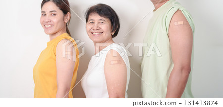 Adult and Senior group with bandage after received vaccine. Vaccination and Immunization for Influenza, HPV, Zoster, IPD, DTP, Dengue, Encephalitis, Rabies, Pneumococcal Hepatitis B and Covid vaccines Adult and Senior group with bandage after received vaccine. Vaccination and Immunization for Influenza, HPV, Zoster, IPD, DTP, Dengue, Encephalitis, Rabies, Pneumococcal Hepatitis B and Covid vaccines 131413874