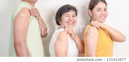 Adult and Senior group with bandage after received vaccine. Vaccination and Immunization for Influenza, HPV, Zoster, IPD, DTP, Dengue, Encephalitis, Rabies, Pneumococcal Hepatitis B and Covid vaccines Adult and Senior group with bandage after received vaccine. Vaccination and Immunization for Influenza, HPV, Zoster, IPD, DTP, Dengue, Encephalitis, Rabies, Pneumococcal Hepatitis B and Covid vaccines 131413877