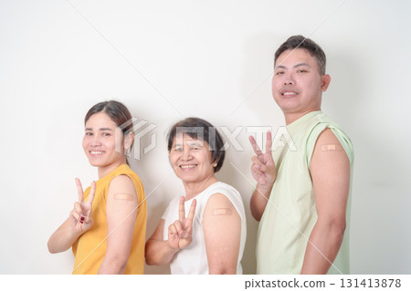 Adult and Senior group with bandage after received vaccine. Vaccination and Immunization for Influenza, HPV, Zoster, IPD, DTP, Dengue, Encephalitis, Rabies, Pneumococcal Hepatitis B and Covid vaccines 131413878