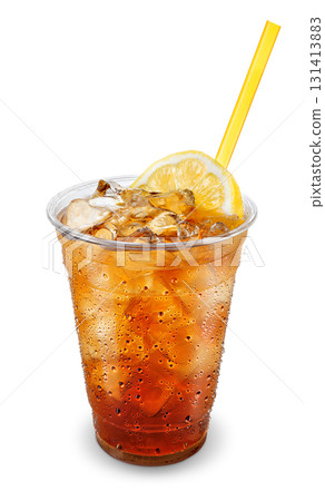 Iced tea in fogged disposable plastic cup with wedge of lemon and straw isolated on white background 131413883
