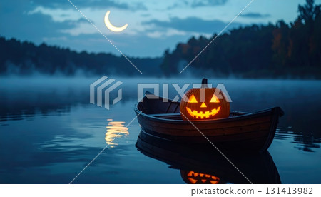 Glowing Pumpkin in an Old Wooden Boat Floating on a Foggy Halloween Night Lake Glowing Pumpkin in an Old Wooden Boat Floating on a Foggy Halloween Night Lake 131413982