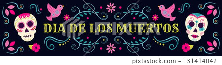 Traditional Mexican Day of the Dead horizontal vector banner with decorative skulls. Suitable for website headers. 131414042