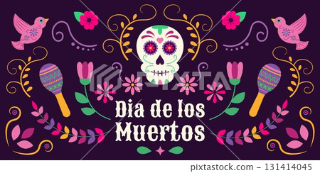 Mexican Dia de los Muertos Vector Poster with Sugar Skull, Flowers and Folk Art Elements. Mexican Dia de los Muertos Vector Poster with Sugar Skull, Flowers and Folk Art Elements. 131414045