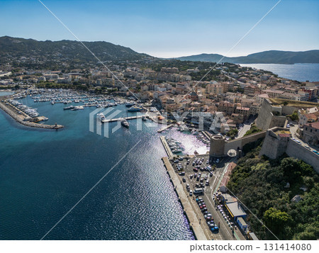 Aerial view Citadel of Calvi Upper Corsica French maritime stronghold in the Mediterranean Sea with defensive walls Aerial view Citadel of Calvi Upper Corsica French maritime stronghold in the Mediterranean Sea with defensive walls 131414080