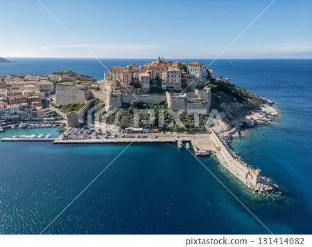 Aerial view Citadel of Calvi Upper Corsica French maritime stronghold in the Mediterranean Sea with defensive walls 131414082