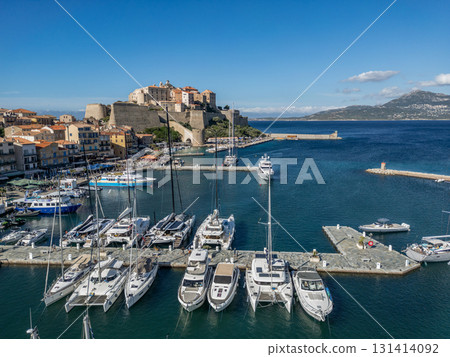 Aerial view Citadel of Calvi Upper Corsica French maritime stronghold in the Mediterranean Sea with defensive walls 131414092