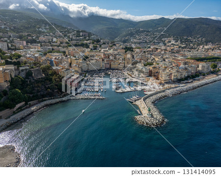 Aerial view of the Citadel of Bastia in the north of Corsica island - Genoese city overlooking the Mediterranean Sea Aerial view of the Citadel of Bastia in the north of Corsica island - Genoese city overlooking the Mediterranean Sea 131414095