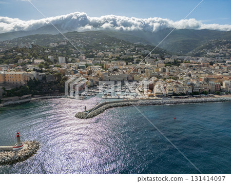 Aerial view of the Citadel of Bastia in the north of Corsica island - Genoese city overlooking the Mediterranean Sea Aerial view of the Citadel of Bastia in the north of Corsica island - Genoese city overlooking the Mediterranean Sea 131414097