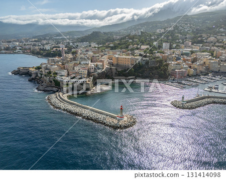 Aerial view of the Citadel of Bastia in the north of Corsica island - Genoese city overlooking the Mediterranean Sea 131414098