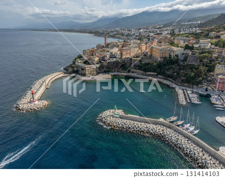 Aerial view of the Citadel of Bastia in the north of Corsica island - Genoese city overlooking the Mediterranean Sea Aerial view of the Citadel of Bastia in the north of Corsica island - Genoese city overlooking the Mediterranean Sea 131414103