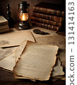 Ancient manuscripts on parchment paper scattered on the desk, old books and lamp-lantern, vertical image. 131414163