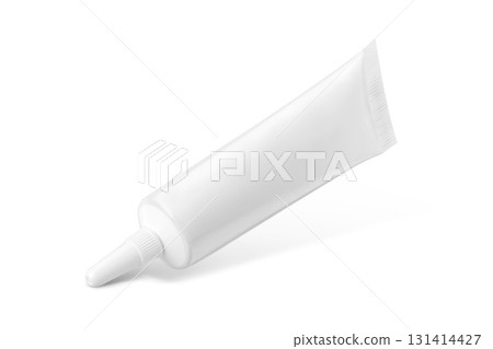 Blank white plastic squeeze tube with pointed nozzle cap for cosmetic product mockup isolated on white background 131414427