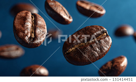 Floating Coffee Beans Are Perfectly Positioned Beautifully Against a Vibrant Blue Background 131414451