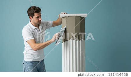 Worker applying plaster showing great skill, this skill makes perfect finish Worker applying plaster showing great skill, this skill makes perfect finish 131414466
