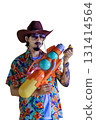 man wearing a Hawaiian shirt and cowboy hat holding awater gun ideal for Songkran festival, summer party, or holiday celebration.  isolated on transparent background 131414564