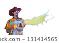 man wearing a Hawaiian shirt and cowboy hat holding awater gun ideal for Songkran festival, summer party, or holiday celebration.  isolated on transparent background 131414565