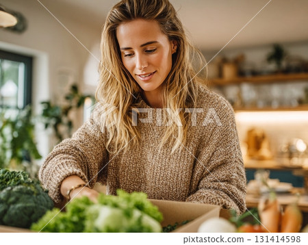 Woman unboxing fresh delivery of organic vegetables Woman unboxing fresh delivery of organic vegetables 131414598