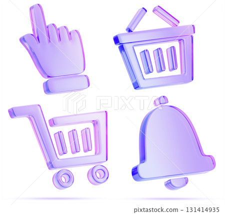 3d glass holographic online shopping and e-commerce icon set. Purple basket, cart, bell notification, hand cursor or click button for web store, e-shop, website or mobile app design. 3D illustration 131414935