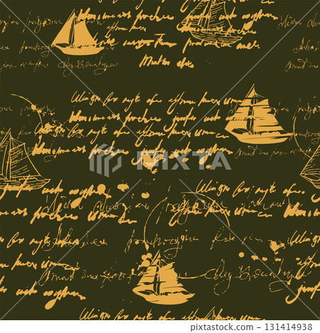 Seamless pattern handwritten illegible text ink, splatter, sailboat, travel, vintage Seamless pattern handwritten illegible text ink, splatter, sailboat, travel, vintage 131414938