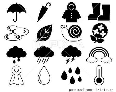 Rainy season icon set of 16, monotone Rainy season icon set of 16, monotone 131414952