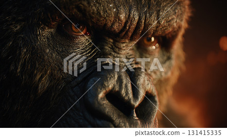 一隻強壯的大猩猩的臉被火焰照亮的特寫鏡頭 131415335