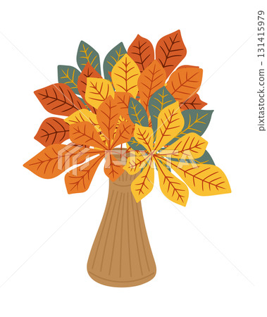 Colorful autumn bouquet of chestnut leaves in a rustic brown vase on white background 131415979